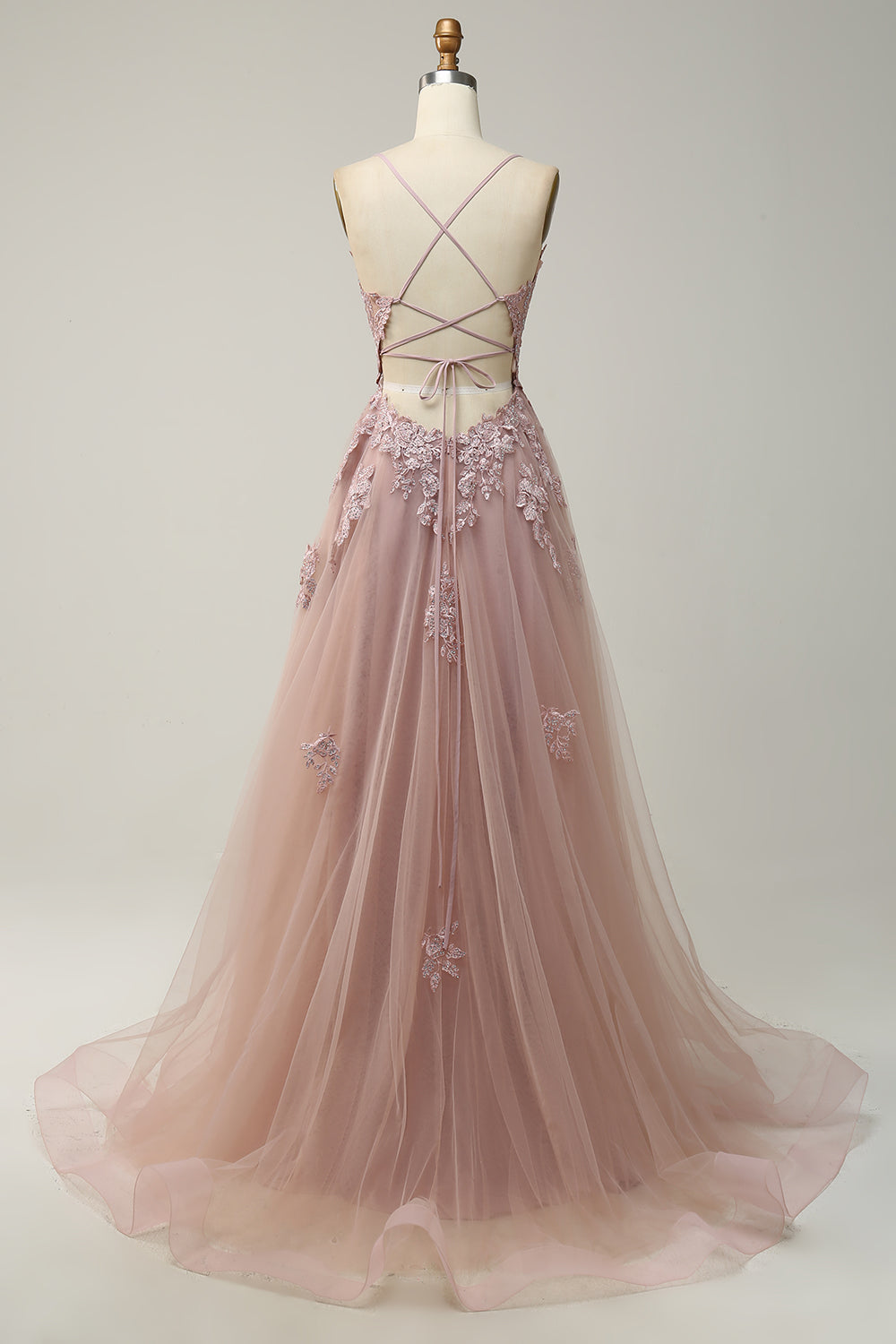 A Linie Spaghettiträger Blush Langes Ballkleid mit Applikationen