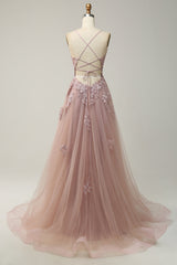 A Linie Spaghettiträger Blush Langes Ballkleid mit Applikationen