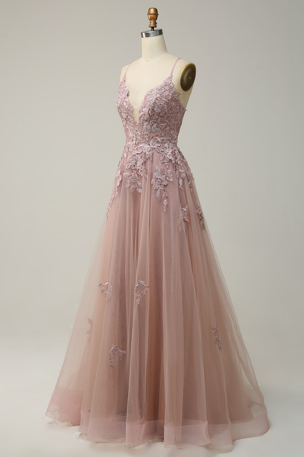 A Linie Spaghettiträger Blush Langes Ballkleid mit Applikationen