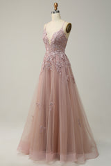A Linie Spaghettiträger Blush Langes Ballkleid mit Applikationen