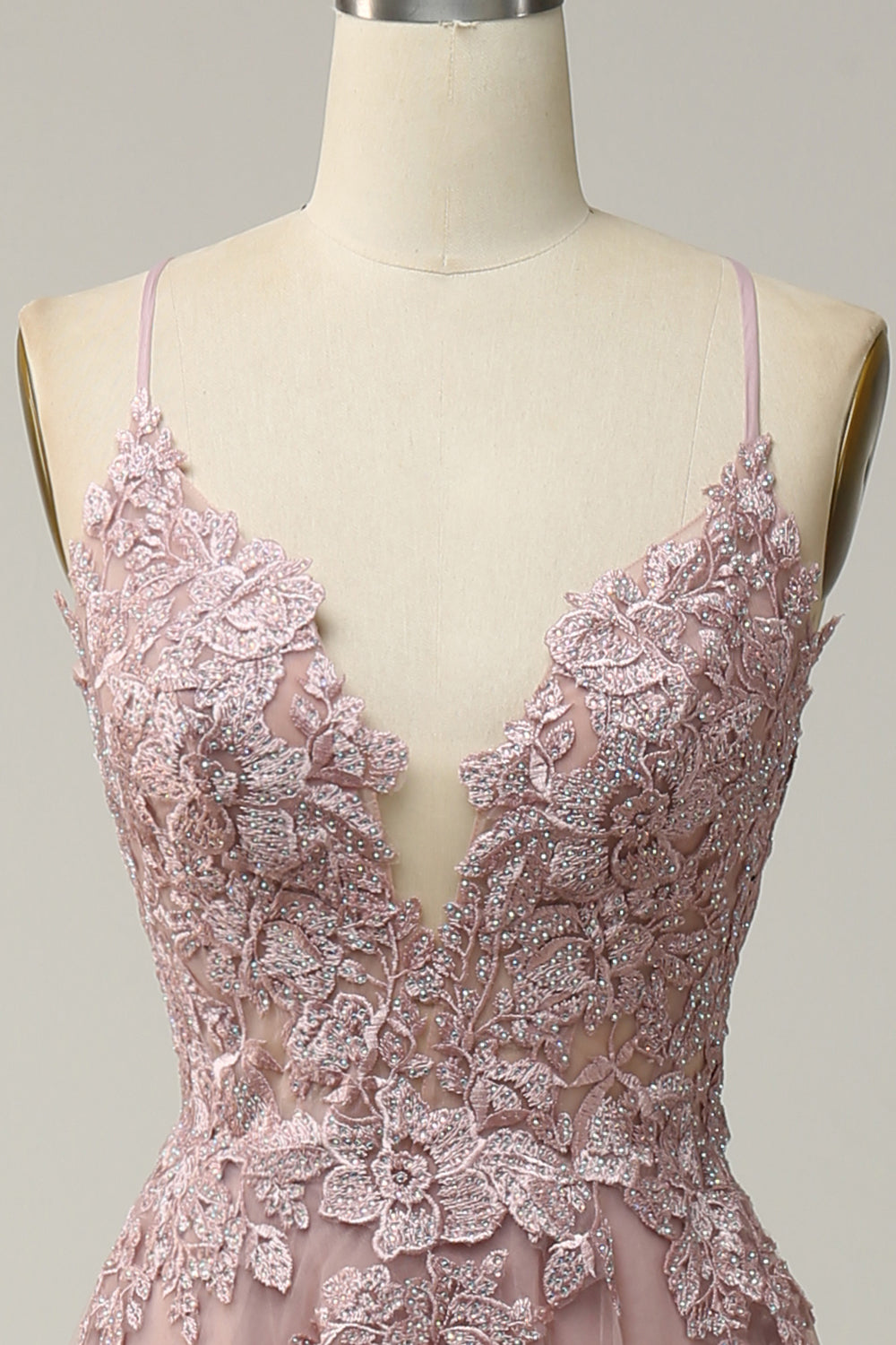 A Linie Spaghettiträger Blush Langes Ballkleid mit Applikationen