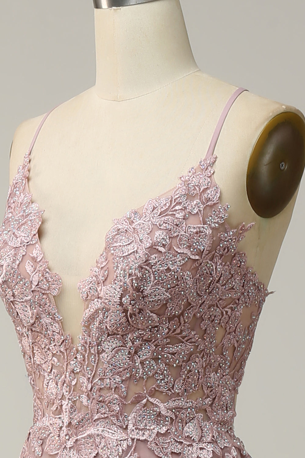 A Linie Spaghettiträger Blush Langes Ballkleid mit Applikationen