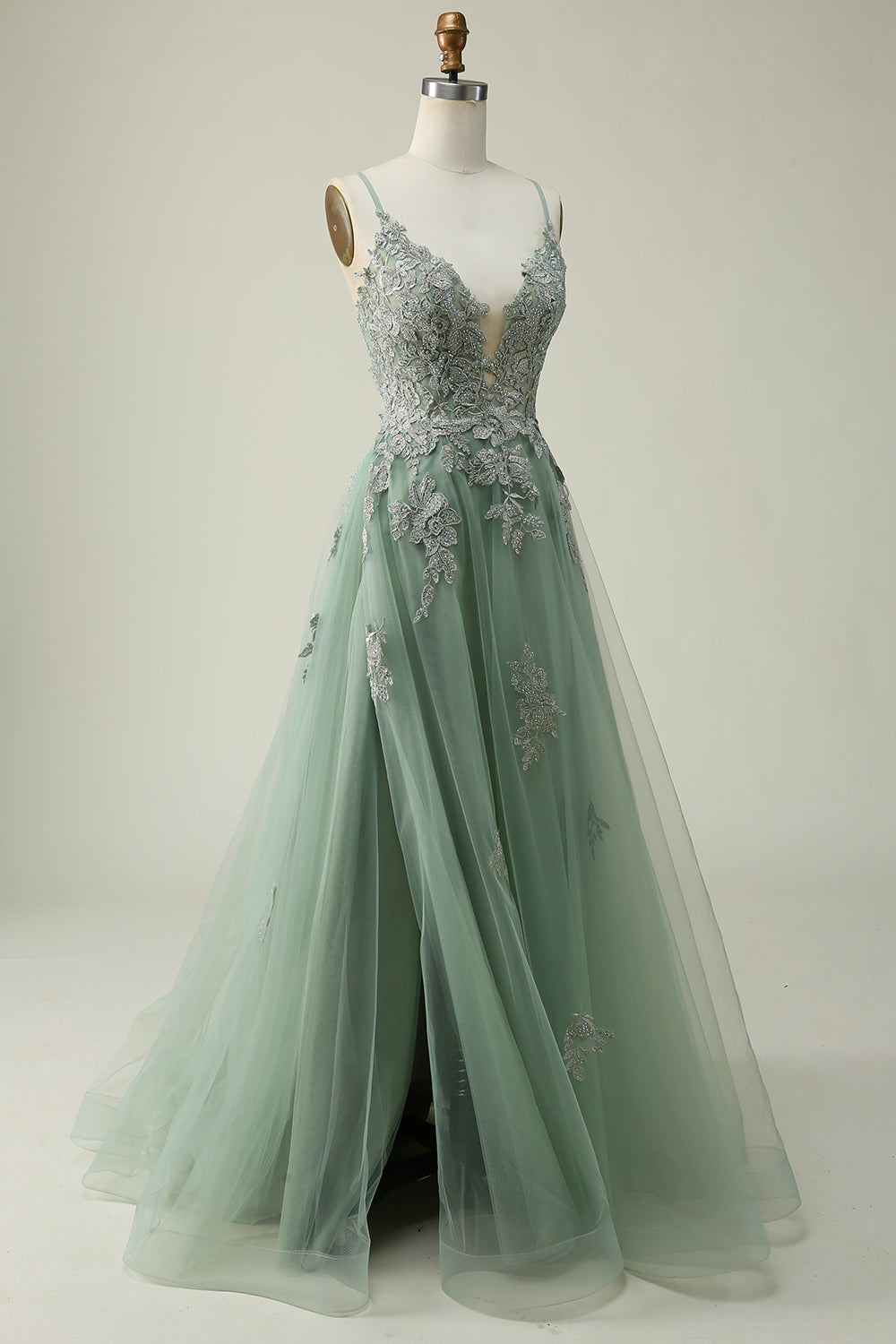 A Linie Spaghettiträger Grünes Langes Ballkleid mit Schnürung