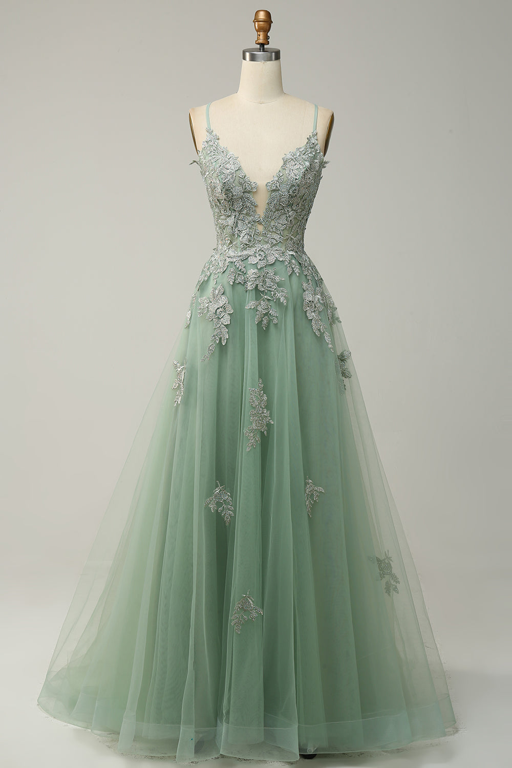 A Linie Spaghettiträger Blush Langes Ballkleid mit Applikationen