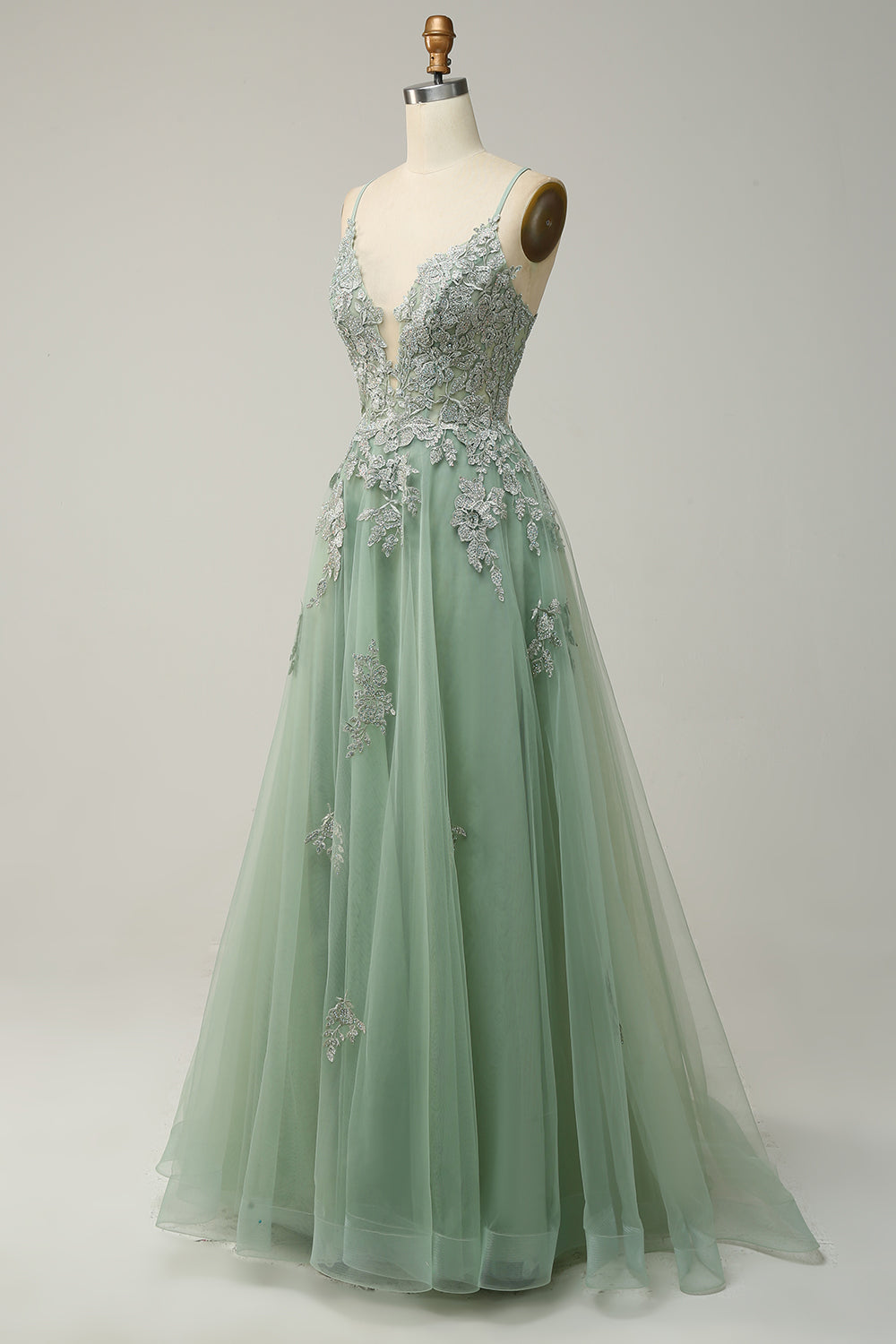 A Linie Spaghettiträger Grünes Langes Ballkleid mit Schnürung