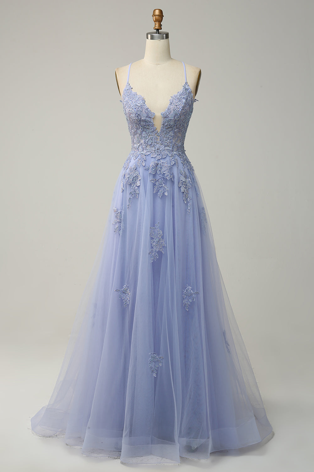 A Linie Spaghettiträger Blush Langes Ballkleid mit Applikationen