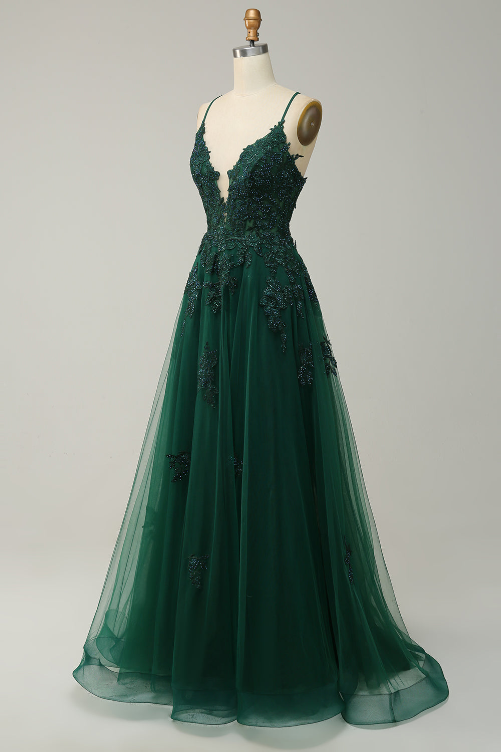 A Linie Spaghettiträger Grau Blaues Langes Ballkleid mit Applikationen