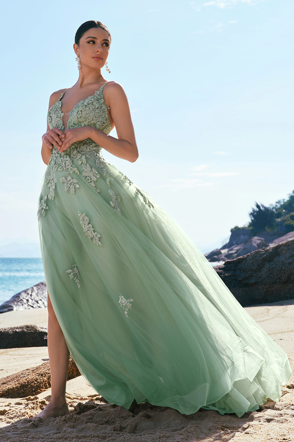 Zapaka Damen Grünes Langes A-Linie Tüll Ballkleid Spaghettiträger Formelles Abendkleid mit Spitzenapplikation