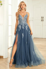 Zapaka Damen Graublaues Langes A-Linie Tüll Ballkleid Spaghettiträger Formelles Abendkleid mit Spitzenapplikation