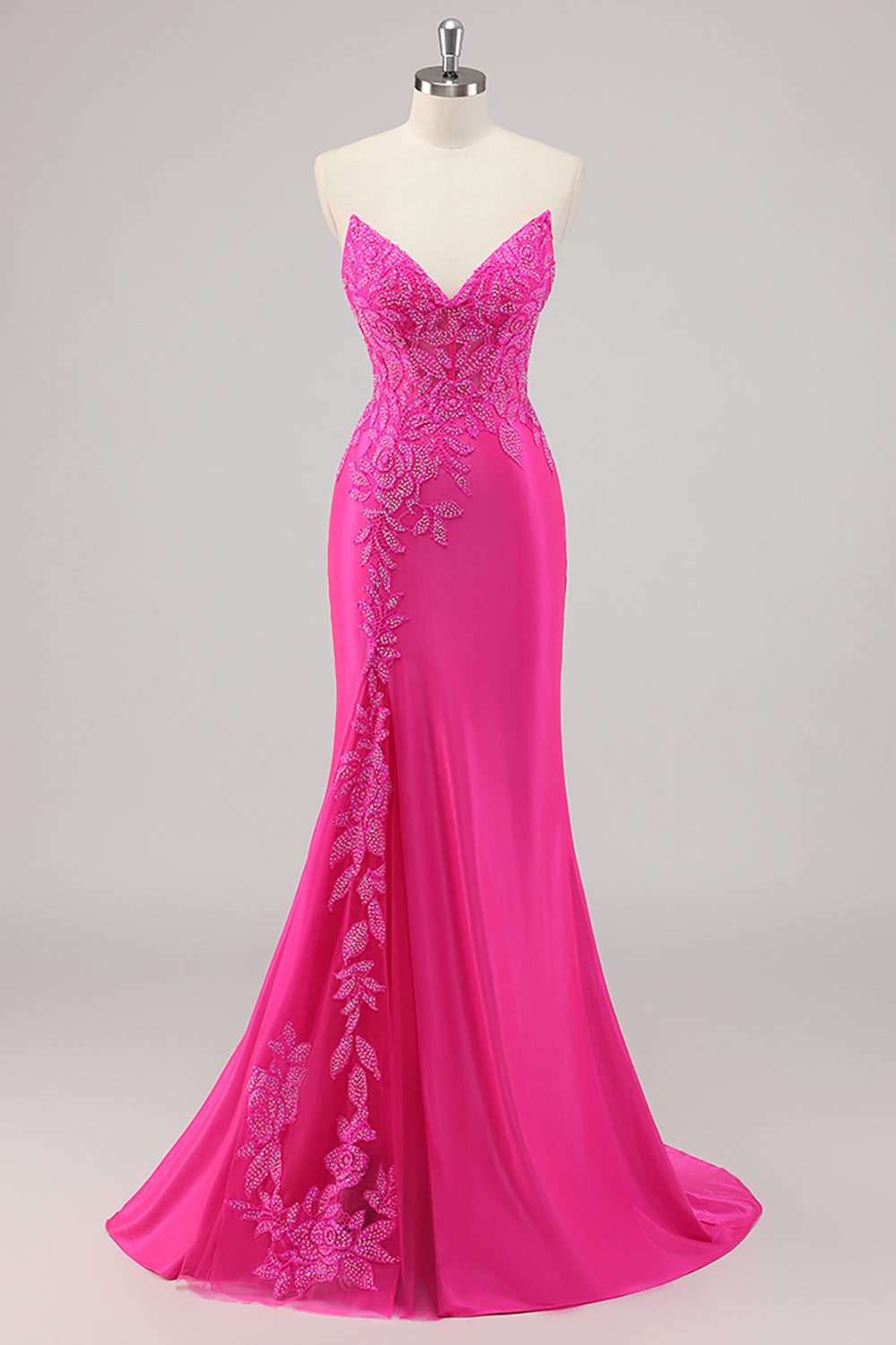 Fuchsia Meerjungfrau Trägerloses Langes Perlenbesetztes Ballkleid mit Applikationen
