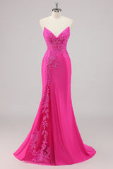 Fuchsia Meerjungfrau Trägerloses Langes Perlenbesetztes Ballkleid mit Applikationen