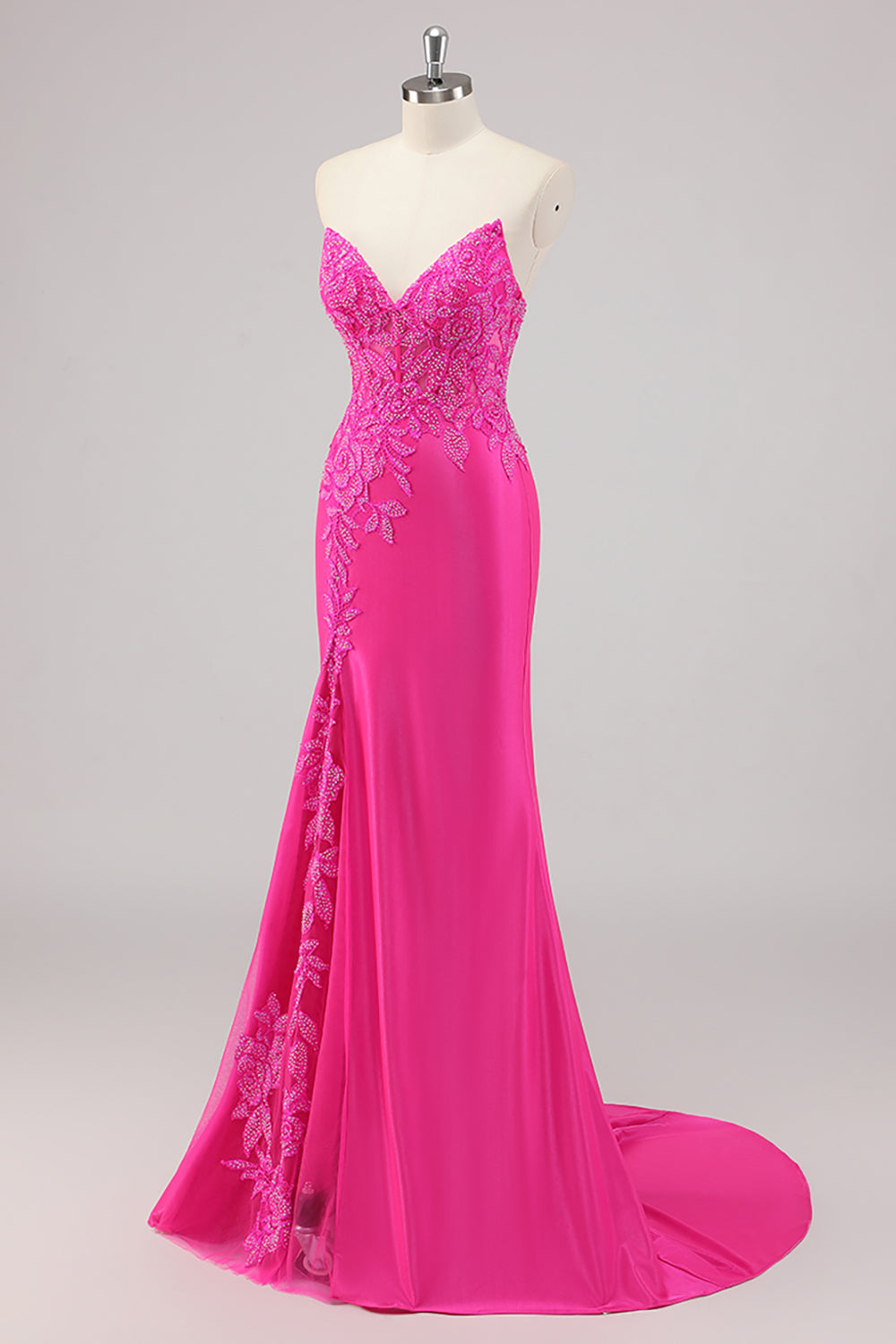 Fuchsia Meerjungfrau Trägerloses Langes Perlenbesetztes Ballkleid mit Applikationen