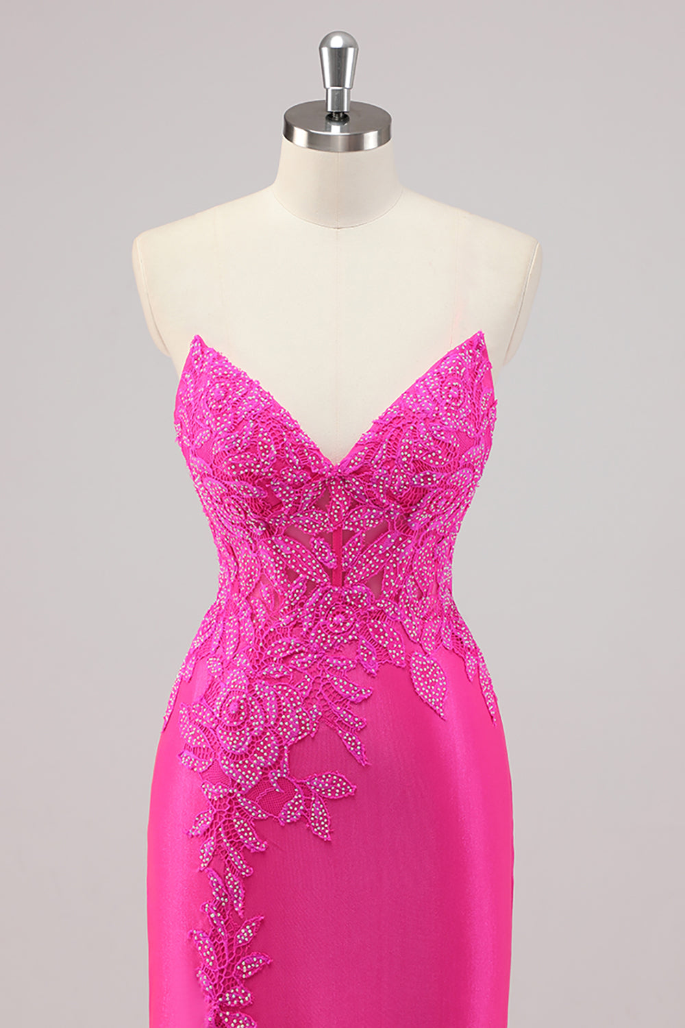 Fuchsia Meerjungfrau Trägerloses Langes Perlenbesetztes Ballkleid mit Applikationen
