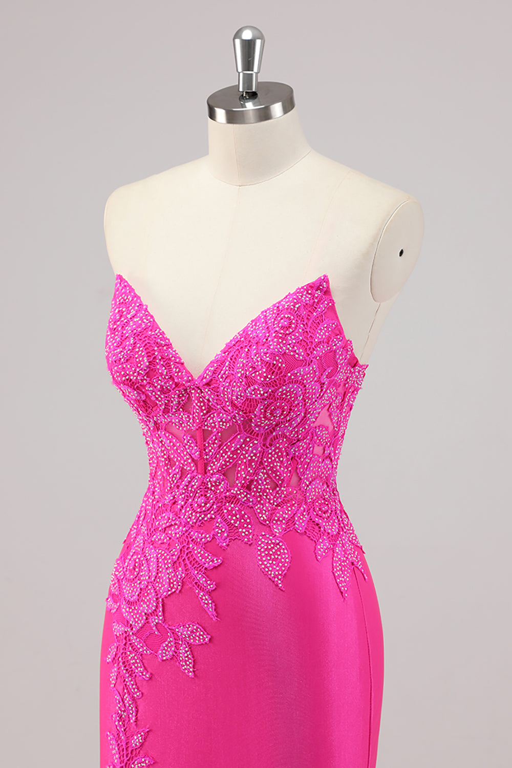Fuchsia Meerjungfrau Trägerloses Langes Perlenbesetztes Ballkleid mit Applikationen