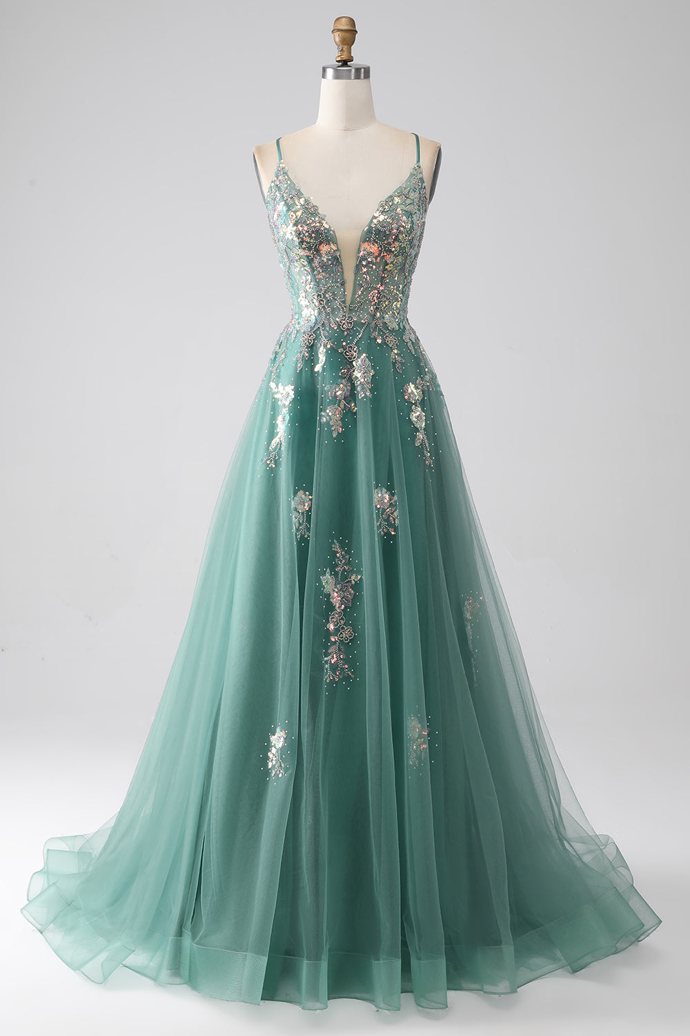 Grünes langes Ballkleid mit Spaghettiträgern in A-Linie und Applikationen