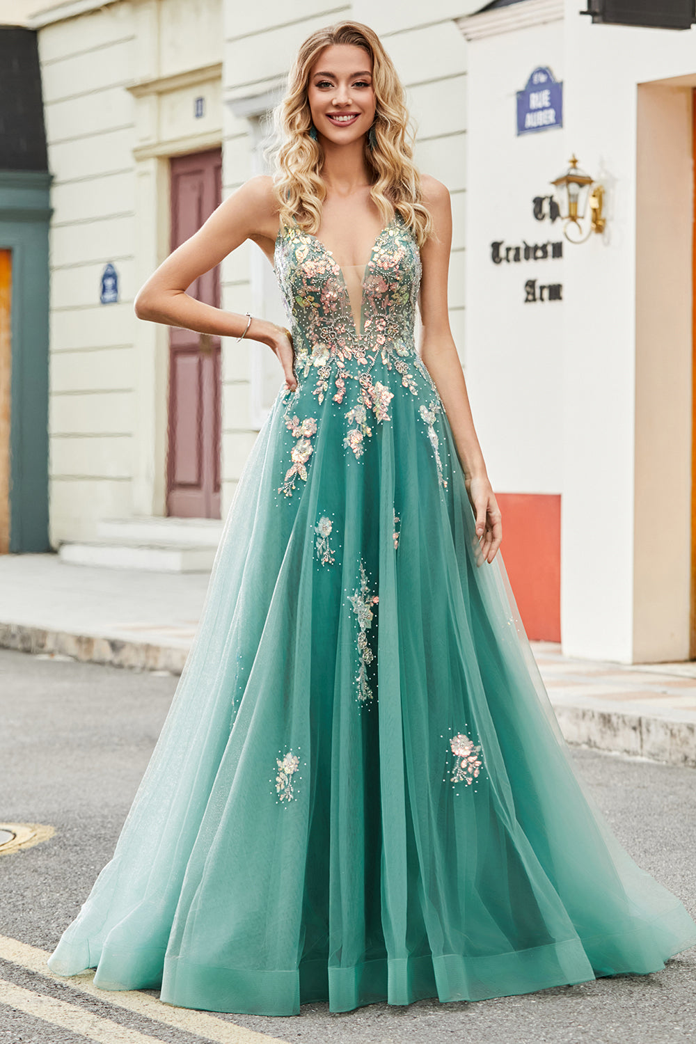 Glitzer Grünes Spaghettiträger Kleid in A-Linie Langes Ballkleid mit Pailletten applikationen