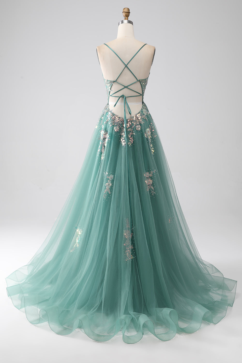 Grünes langes Ballkleid mit Spaghettiträgern in A-Linie und Applikationen