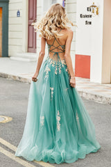 Glitzer Grünes Spaghettiträger Kleid in A-Linie Langes Ballkleid mit Pailletten applikationen