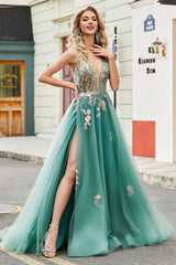 Glitzer Grünes Spaghettiträger Kleid in A-Linie Langes Ballkleid mit Pailletten applikationen