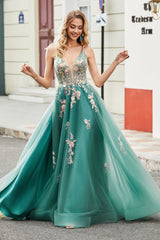 Glitzer Grünes Spaghettiträger Kleid in A-Linie Langes Ballkleid mit Pailletten applikationen