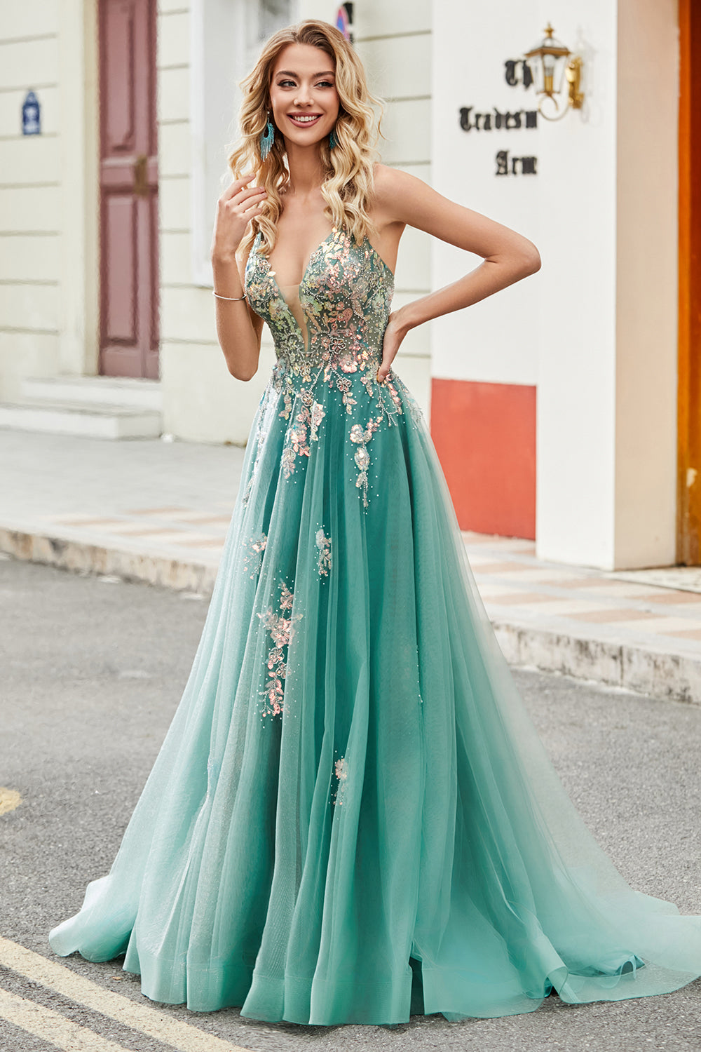 Glitzer Grünes Spaghettiträger Kleid in A-Linie Langes Ballkleid mit Pailletten applikationen