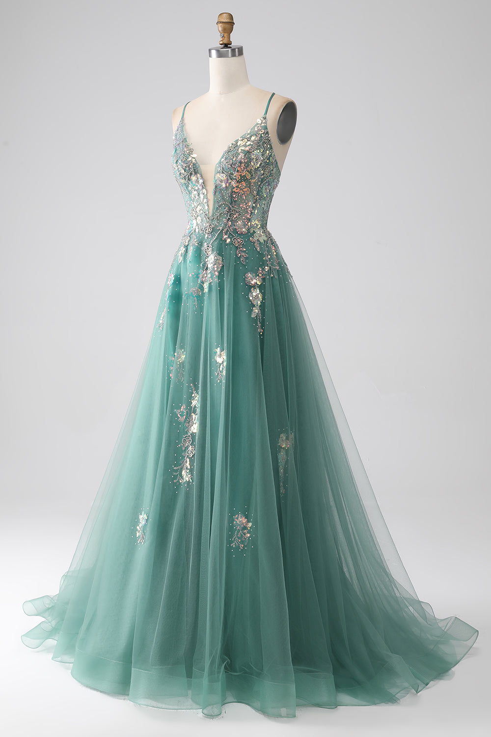 Grünes langes Ballkleid mit Spaghettiträgern in A-Linie und Applikationen