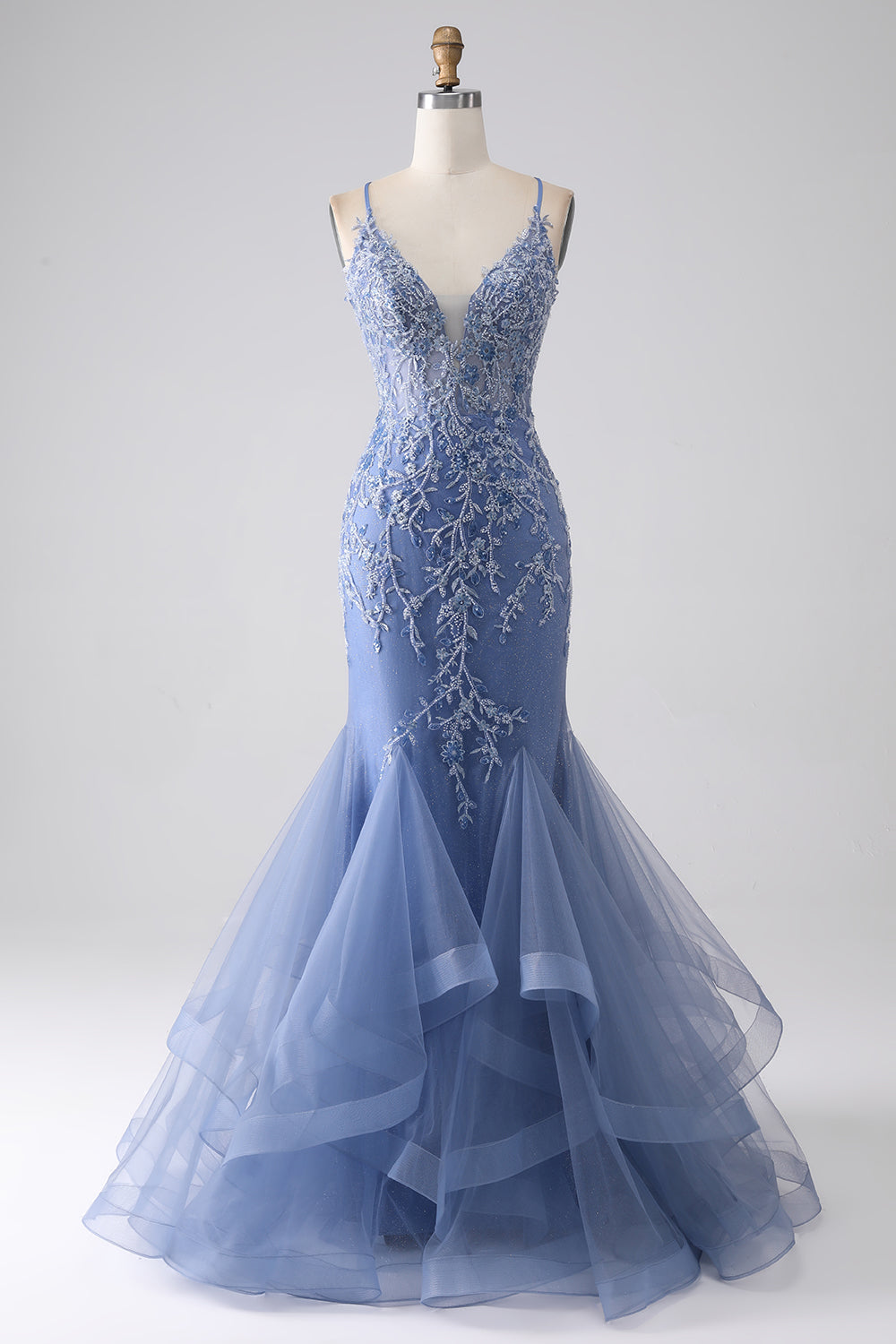 Graublaues Meerjungfrauen Spaghettiträger Kleid mit perlenbesetztem Rücken und Applikationen