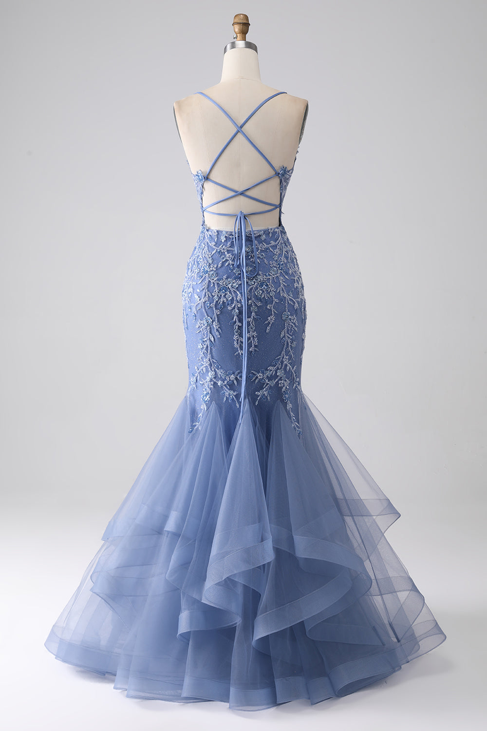 Graublaues Meerjungfrauen Spaghettiträger Kleid mit perlenbesetztem Rücken und Applikationen