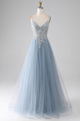 Graues blaues A-Linie Spaghettiträger glitzerndes Pailletten langes Ballkleid