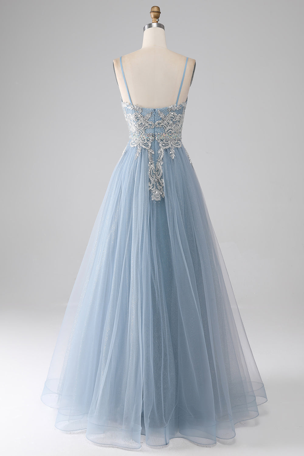 Graues blaues A-Linie Spaghettiträger glitzerndes Pailletten langes Ballkleid