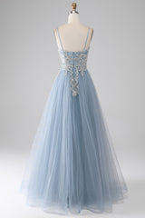Graues blaues A-Linie Spaghettiträger glitzerndes Pailletten langes Ballkleid