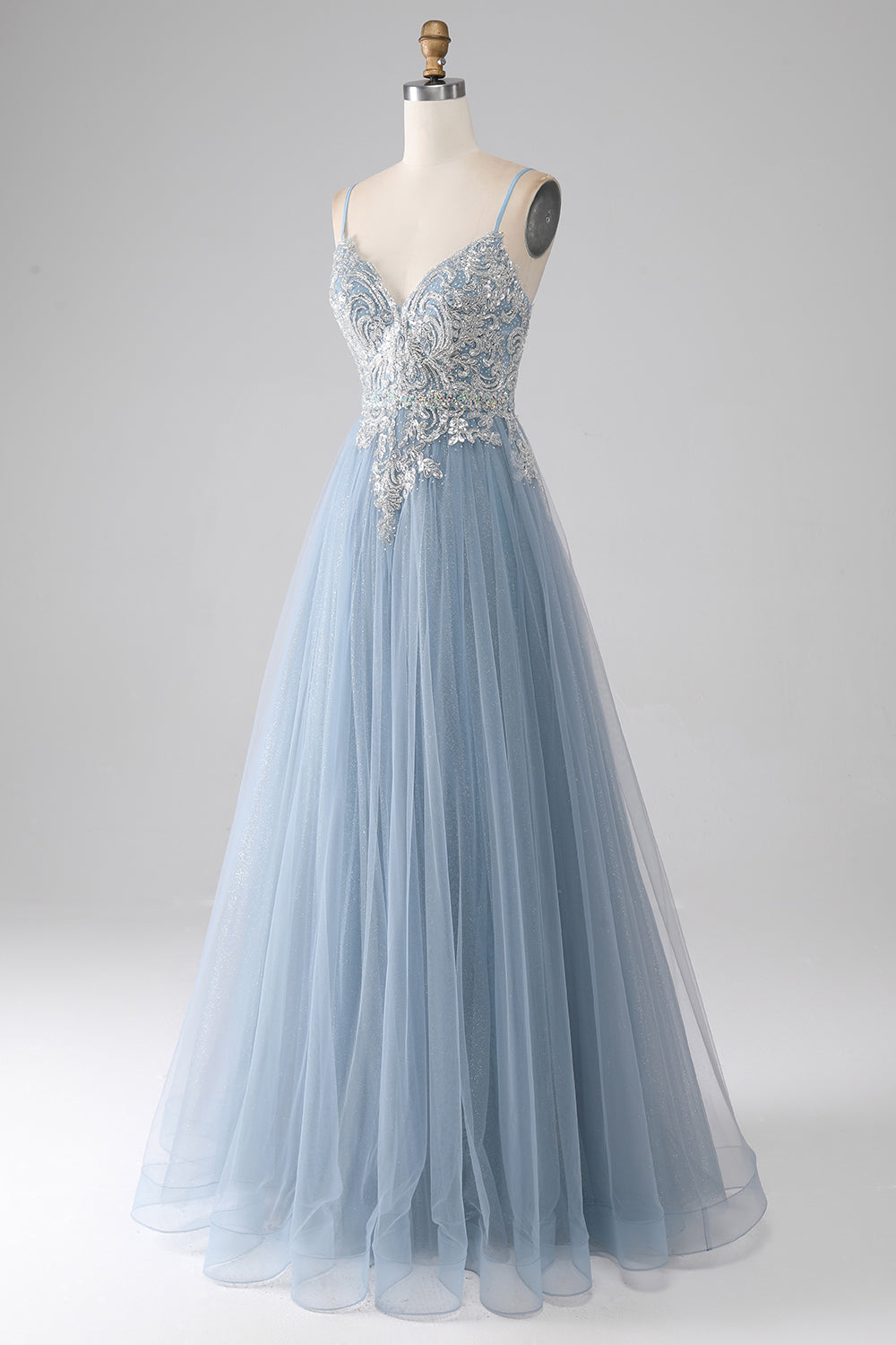 Graues blaues A-Linie Spaghettiträger glitzerndes Pailletten langes Ballkleid