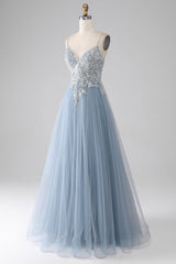 Graues blaues A-Linie Spaghettiträger glitzerndes Pailletten langes Ballkleid