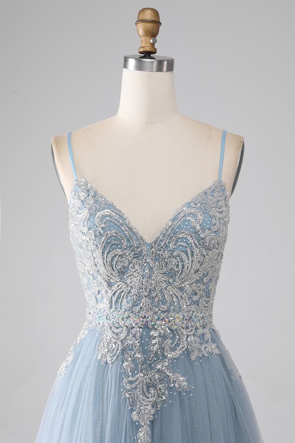 Graues blaues A-Linie Spaghettiträger glitzerndes Pailletten langes Ballkleid