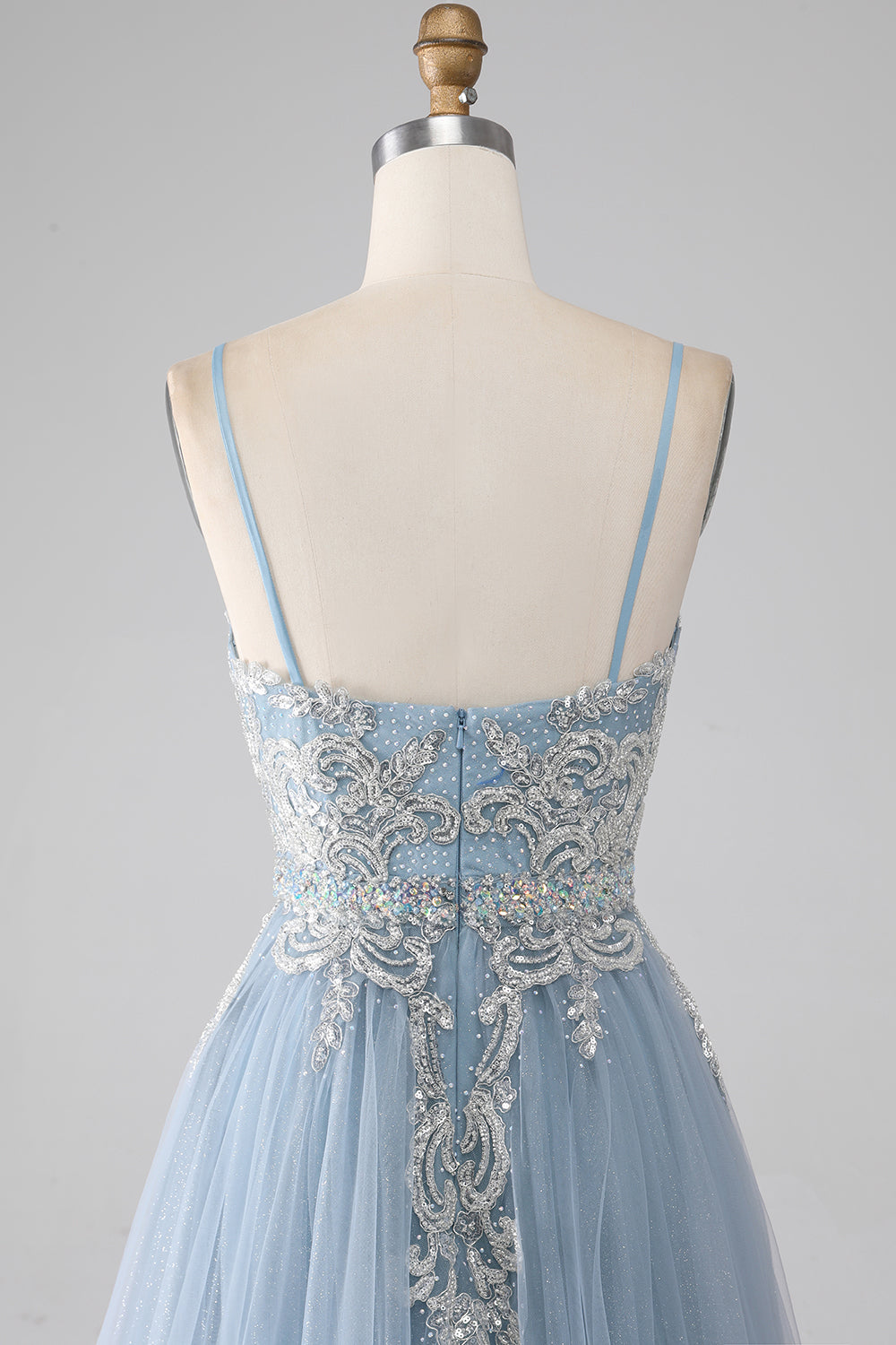 Graues blaues A-Linie Spaghettiträger glitzerndes Pailletten langes Ballkleid
