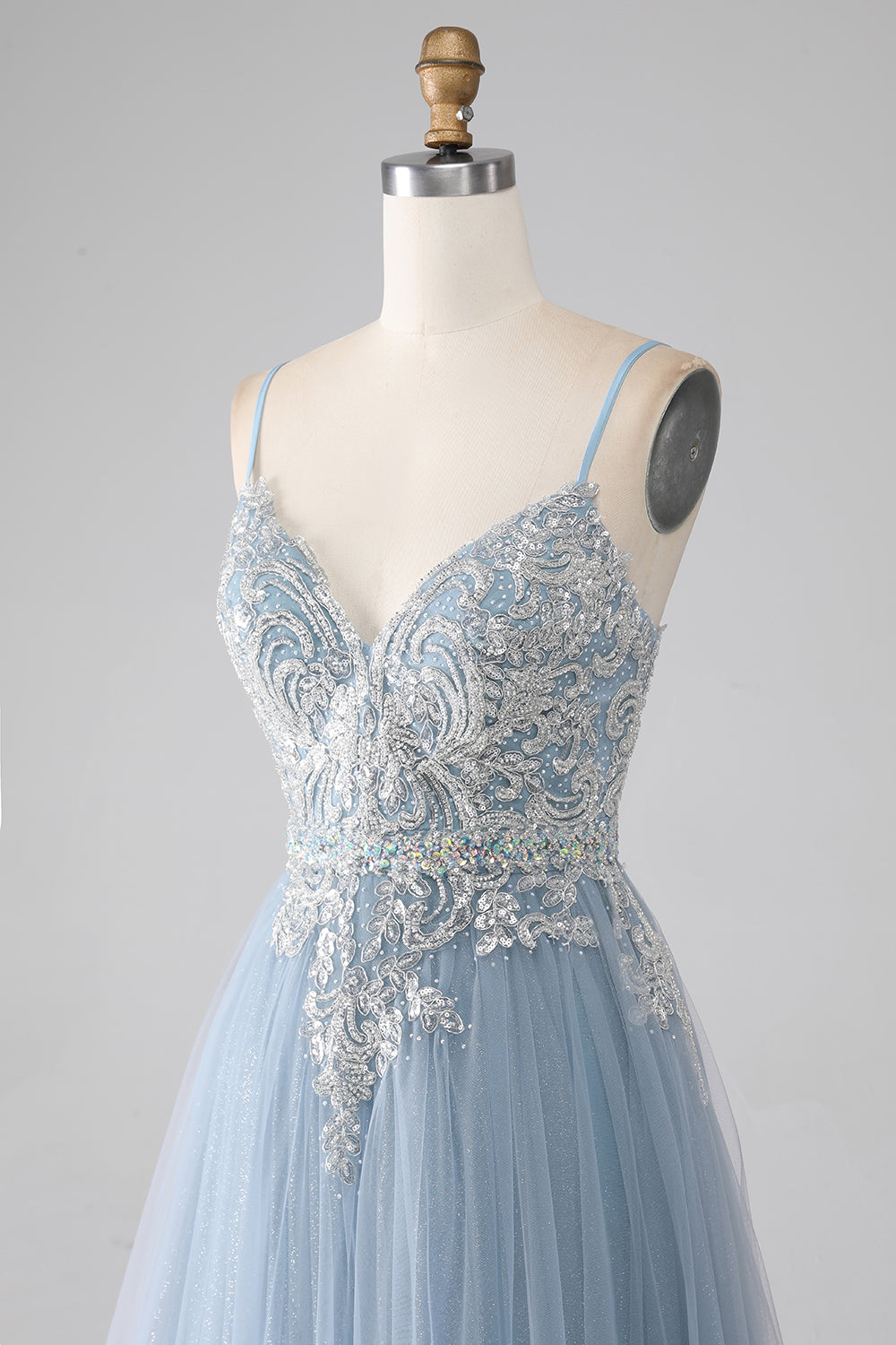 Graues blaues A-Linie Spaghettiträger glitzerndes Pailletten langes Ballkleid