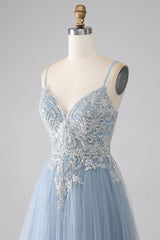 Graues blaues A-Linie Spaghettiträger glitzerndes Pailletten langes Ballkleid