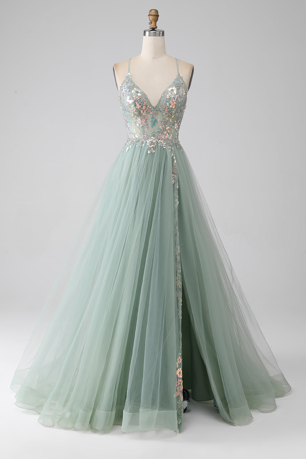 A-Linie Hellgrünes Ballkleid mit Perlen und Schlitz