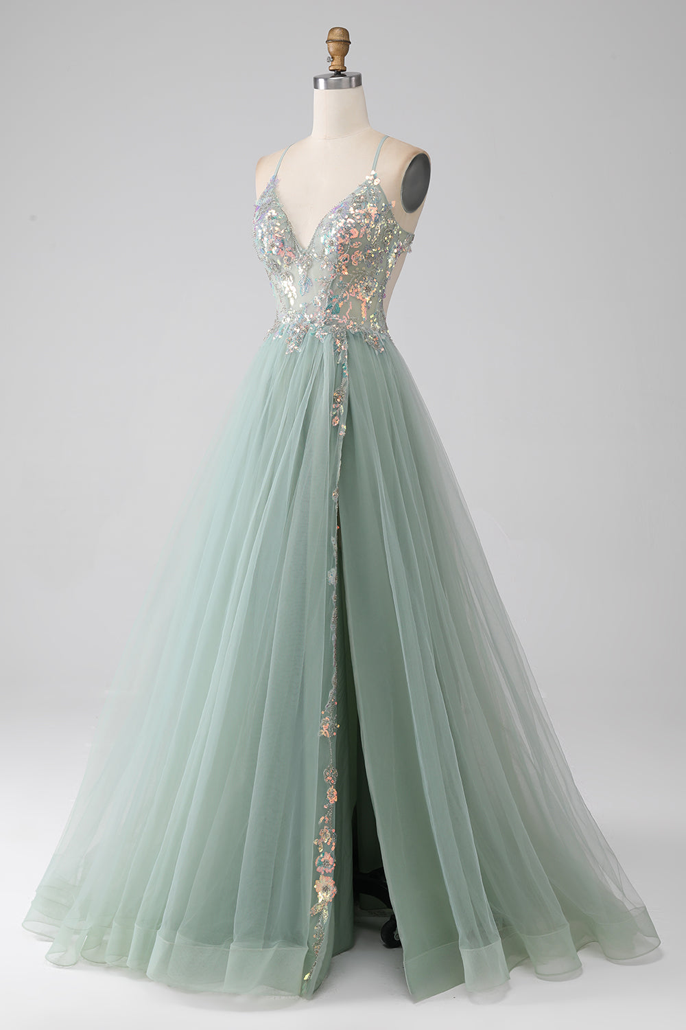 A-Linie Hellgrünes Ballkleid mit Perlen und Schlitz