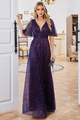 Glitzerndes lila Partykleid mit V-Ausschnitt und kurzen Ärmeln