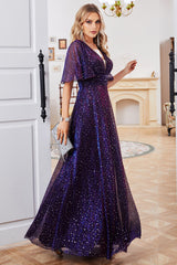 Glitzerndes lila Partykleid mit V-Ausschnitt und kurzen Ärmeln
