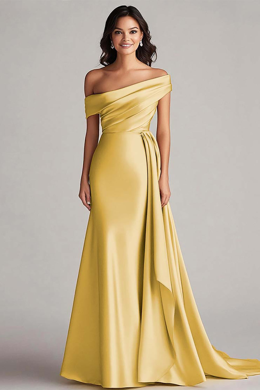 Langes Champagner Abendkleid mit einer Schulter und Falten