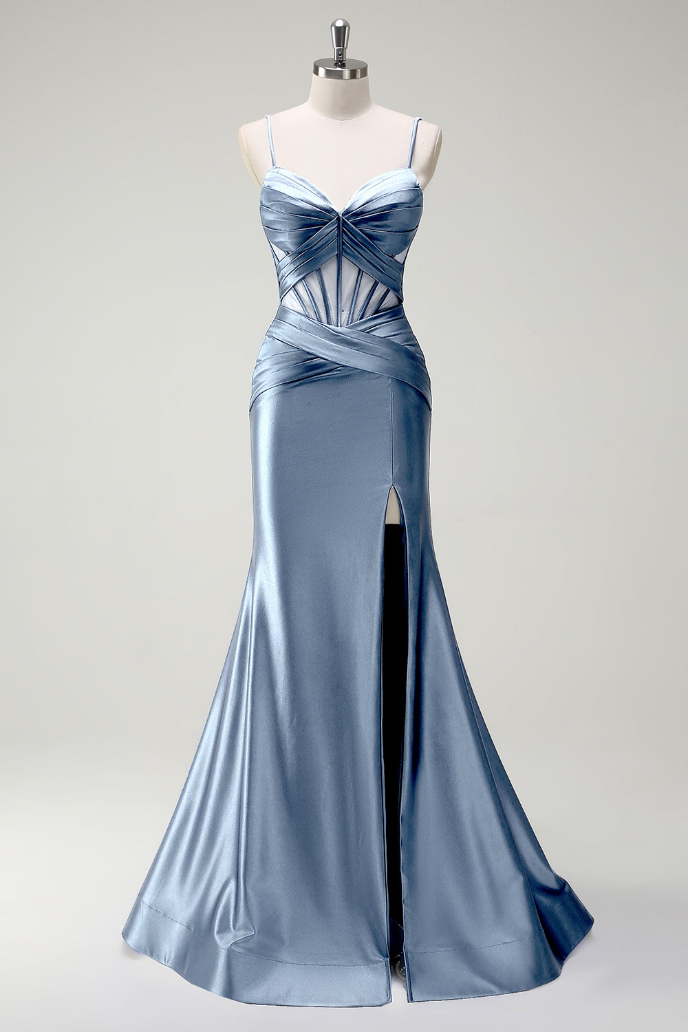 Königsblaues Meerjungfrau Spaghettiträger Satin Korsett Langes Ballkleid mit Schlitz