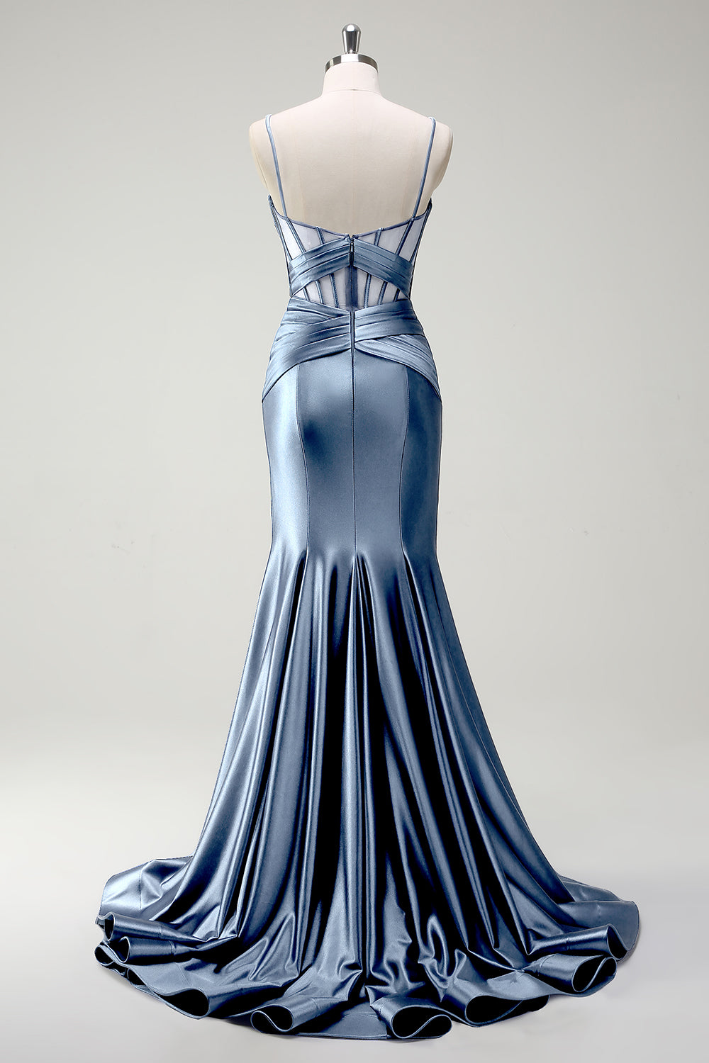 Königsblaues Meerjungfrau Spaghettiträger Satin Korsett Langes Ballkleid mit Schlitz