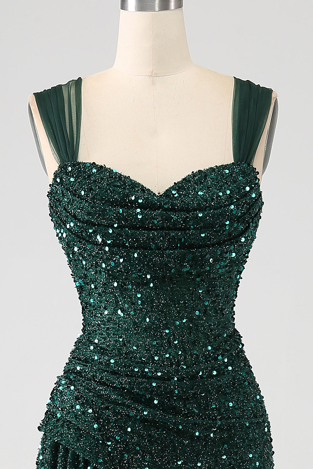 Dunkelgrünes Etui glitzerndes plissiertes langes Ballkleid mit Pailletten und Schlitz