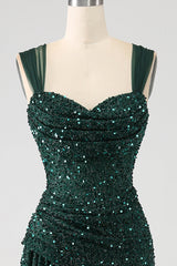 Dunkelgrünes Etui glitzerndes plissiertes langes Ballkleid mit Pailletten und Schlitz