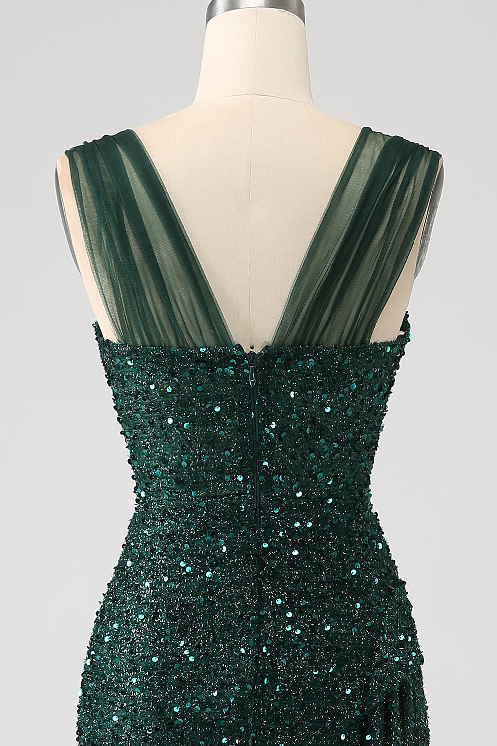Dunkelgrünes Etui glitzerndes plissiertes langes Ballkleid mit Pailletten und Schlitz