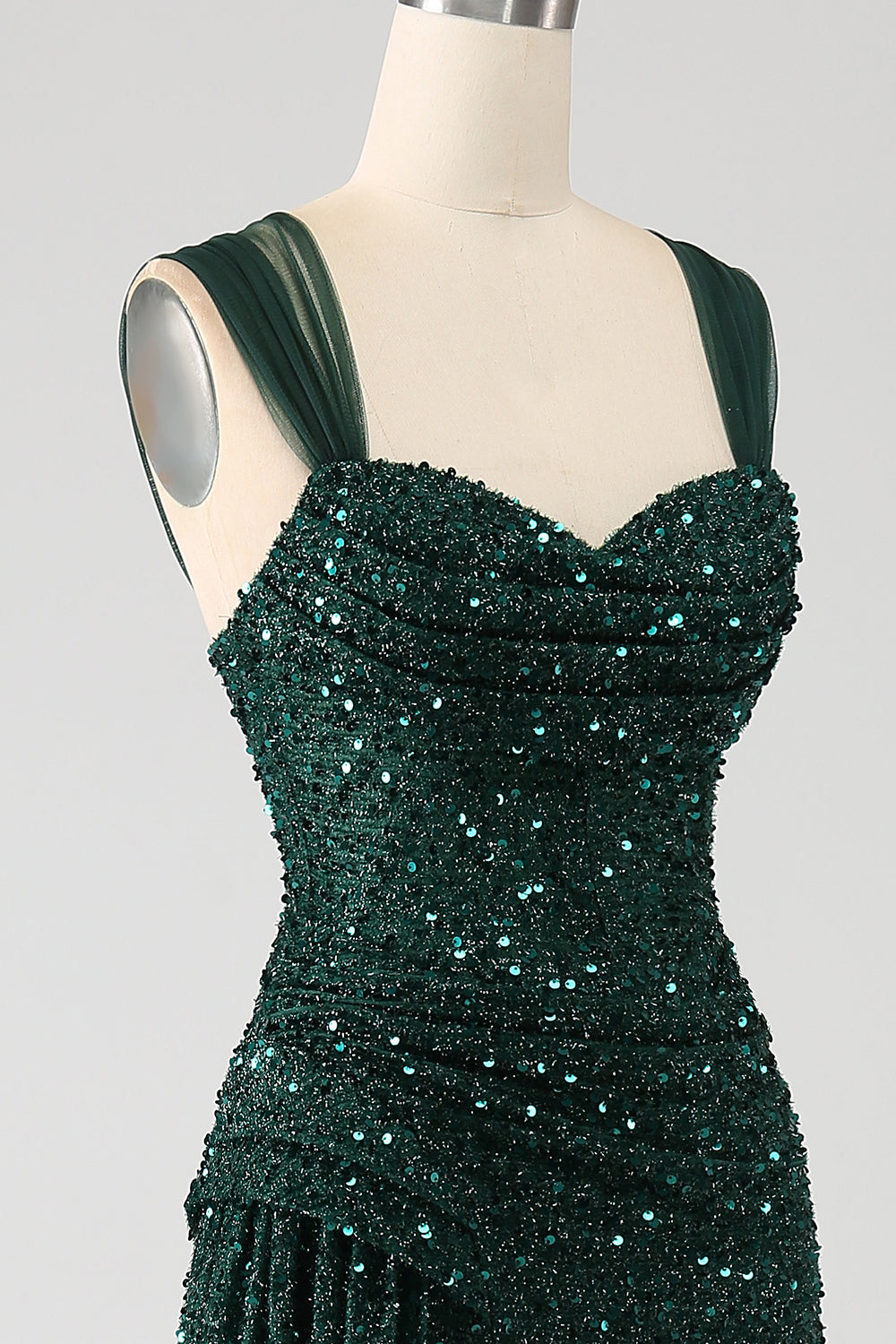 Dunkelgrünes Etui glitzerndes plissiertes langes Ballkleid mit Pailletten und Schlitz