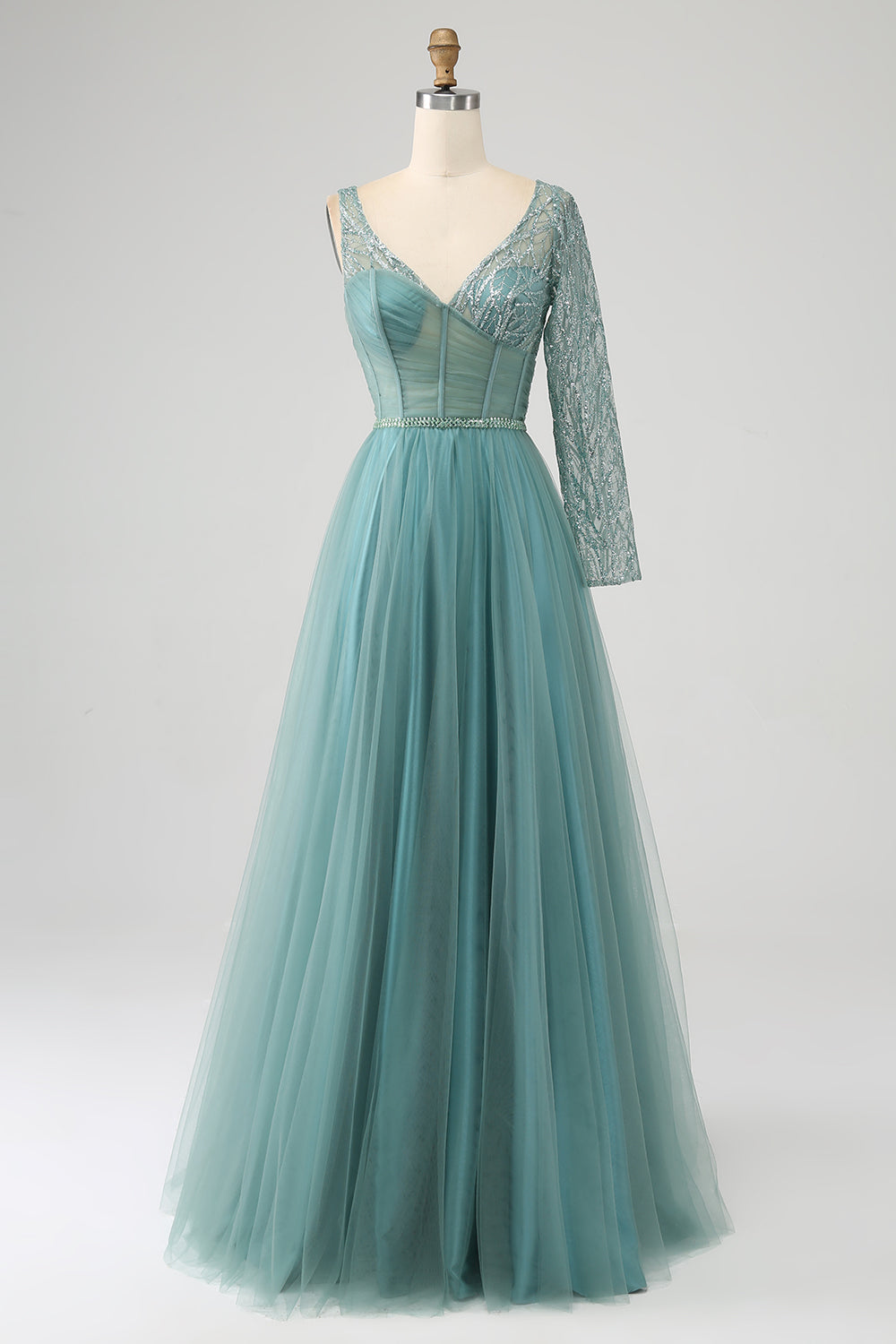 Graues grünes glitzerndes Pailletten Ballkleid mit Pailletten in A-Linie