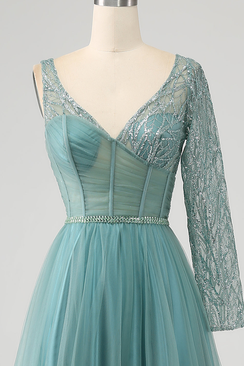 Graues grünes glitzerndes Pailletten Ballkleid mit Pailletten in A-Linie